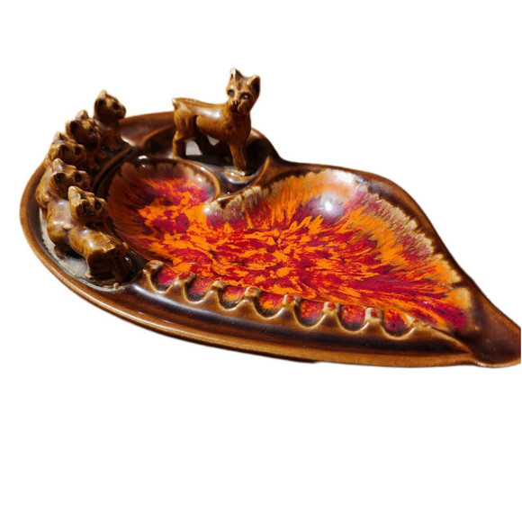 California Pottery MCM Signed  Ashtray Gold Red Orange Drip Boxer Dogs - Picture 2 of 14